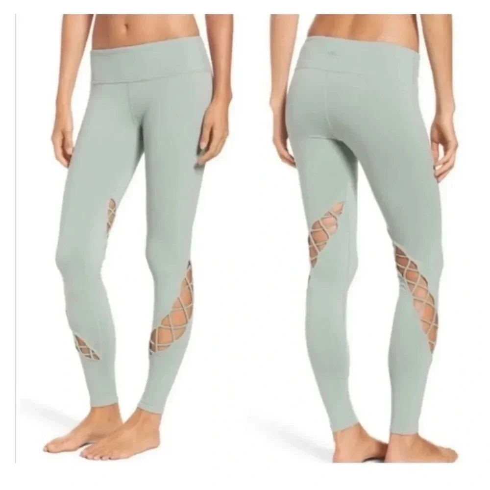 ALO Yoga Entwine Leggings Sage Green Lace-Up Cutout Size S